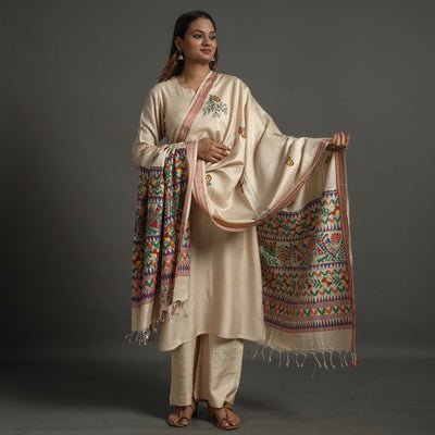 Beige - Madhubani Handpainted Tussar Cotton Handloom Dupatta 14
