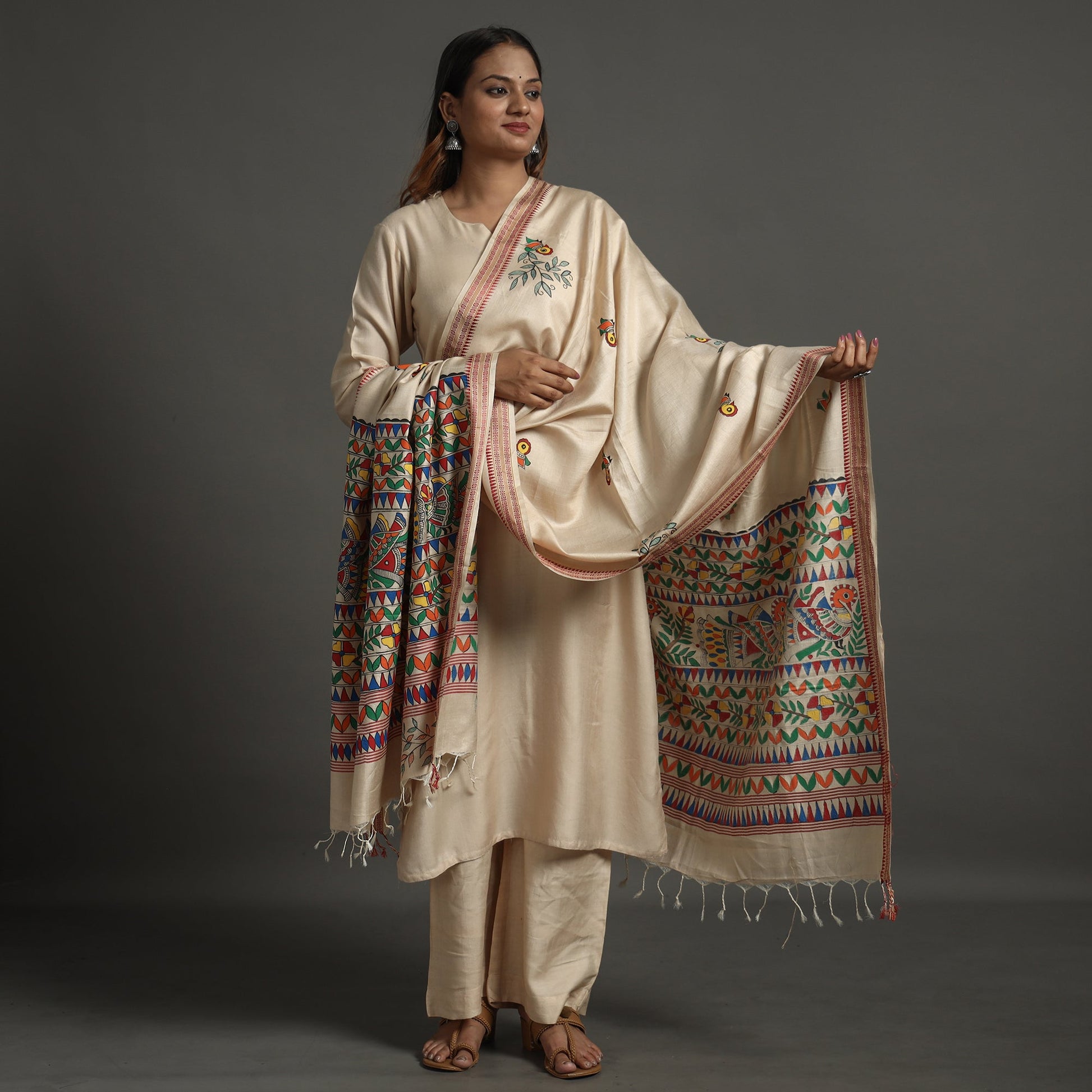 Beige - Madhubani Handpainted Tussar Cotton Handloom Dupatta 14
