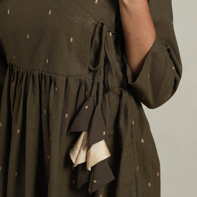 Brown - Flared Cotton Angrakha Jacquard Dress 14