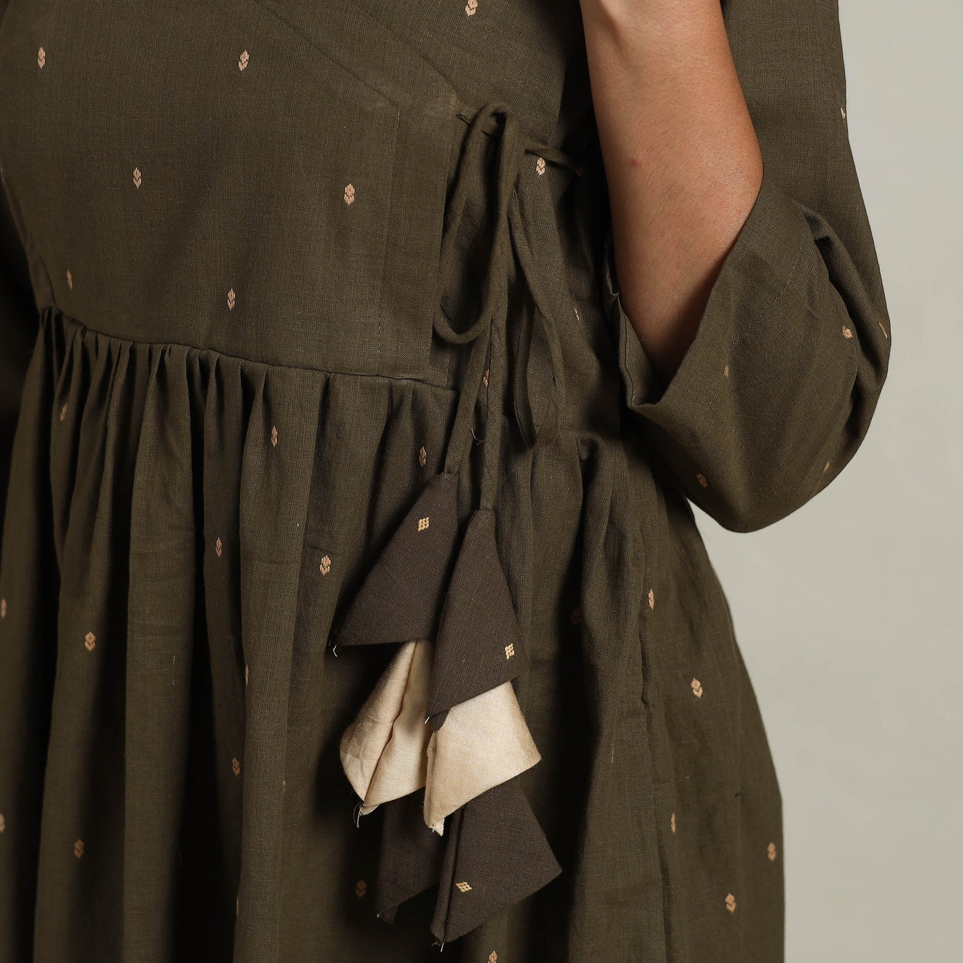 Brown - Flared Cotton Angrakha Jacquard Dress 14