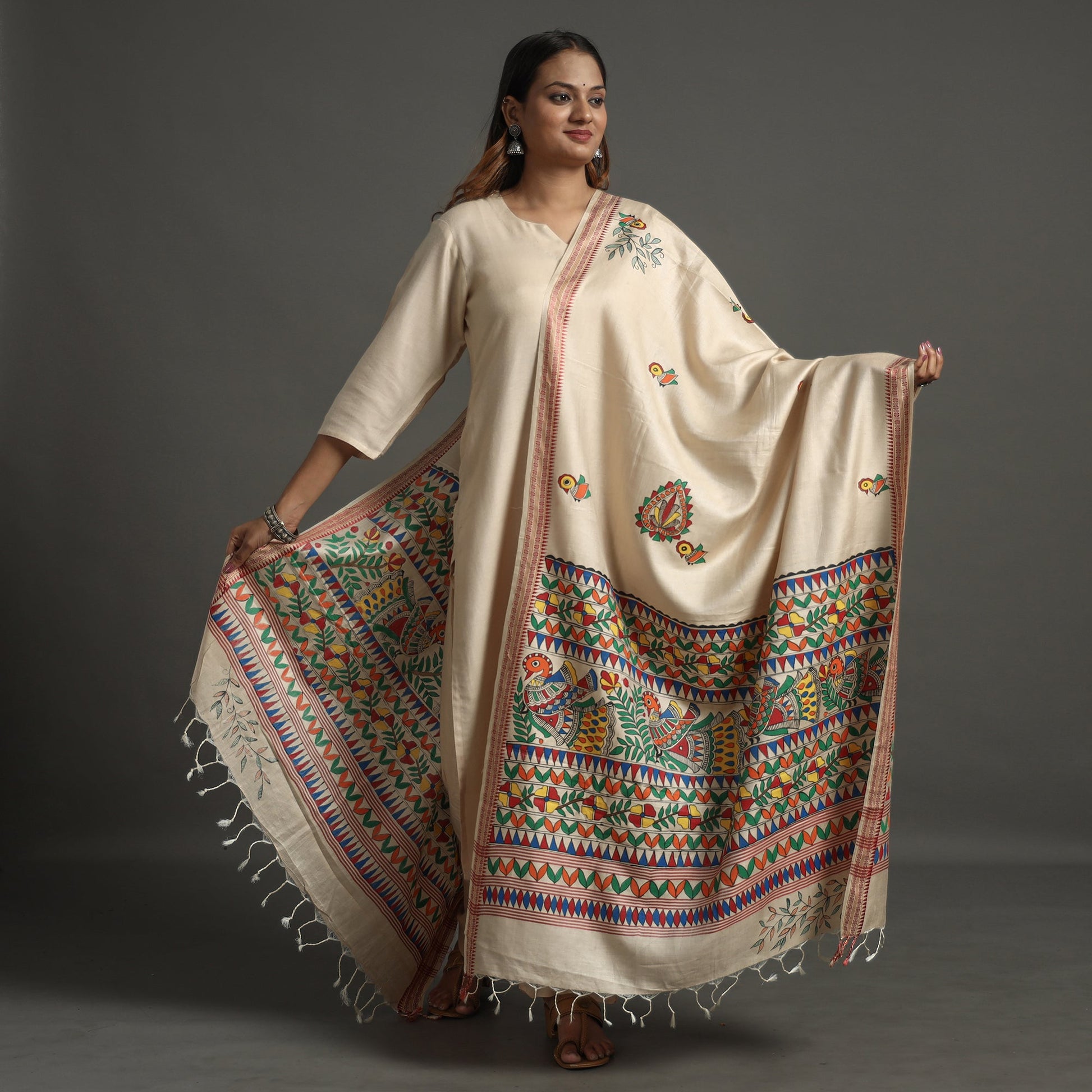 Beige - Madhubani Handpainted Tussar Cotton Handloom Dupatta 14