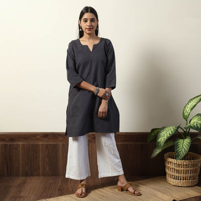Black - Jhiri Handloom Cotton Straight Short Kurta