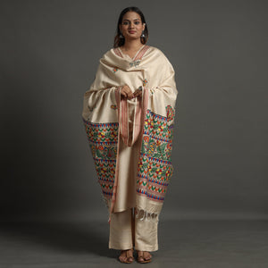 Beige - Madhubani Handpainted Tussar Cotton Handloom Dupatta 14