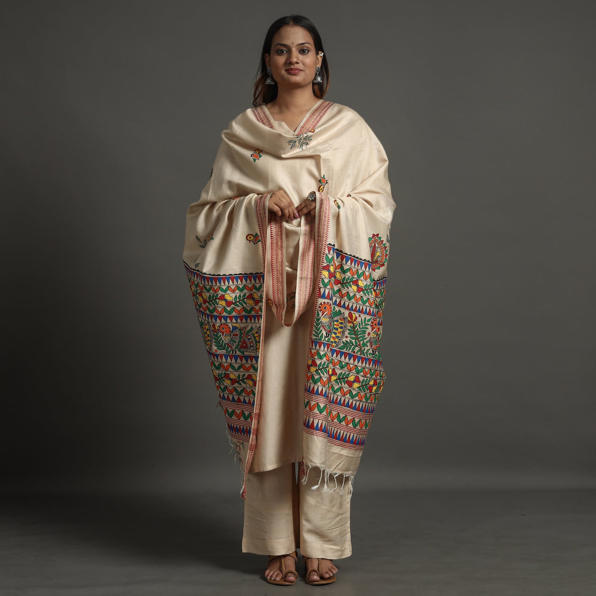 Beige - Madhubani Handpainted Tussar Cotton Handloom Dupatta 14