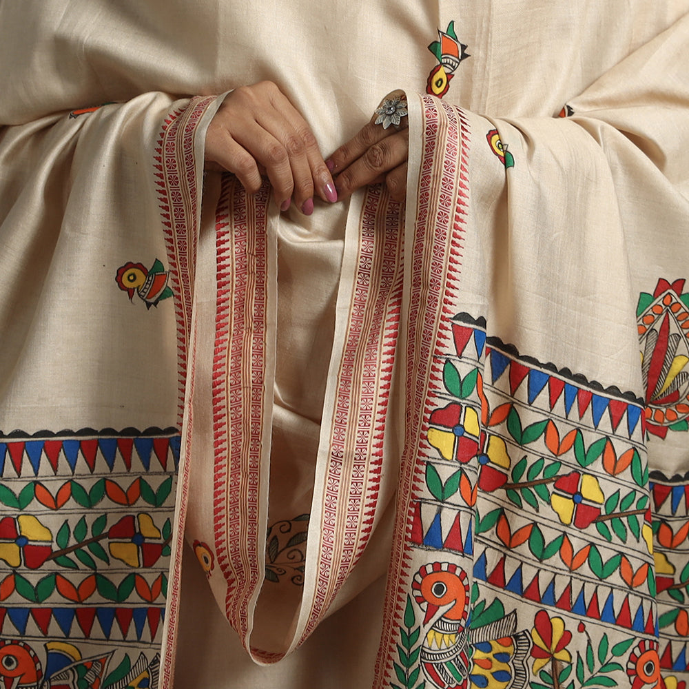 Beige - Madhubani Handpainted Tussar Cotton Handloom Dupatta 14