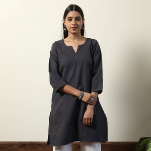 Black - Jhiri Handloom Cotton Straight Short Kurta