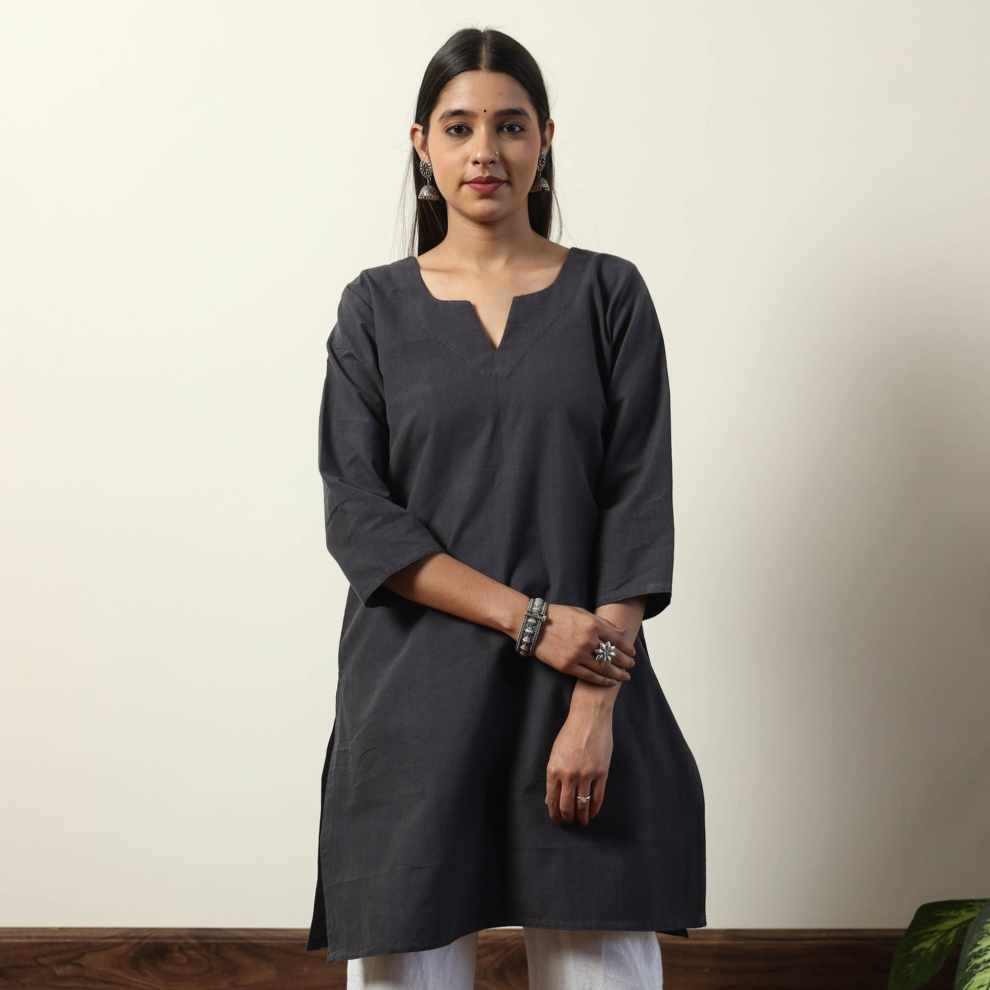 Black - Jhiri Handloom Cotton Straight Short Kurta