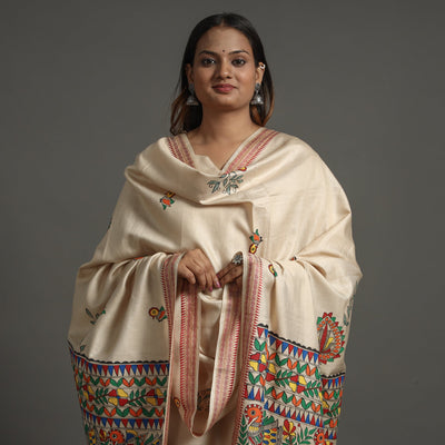 Beige - Madhubani Handpainted Tussar Cotton Handloom Dupatta 14