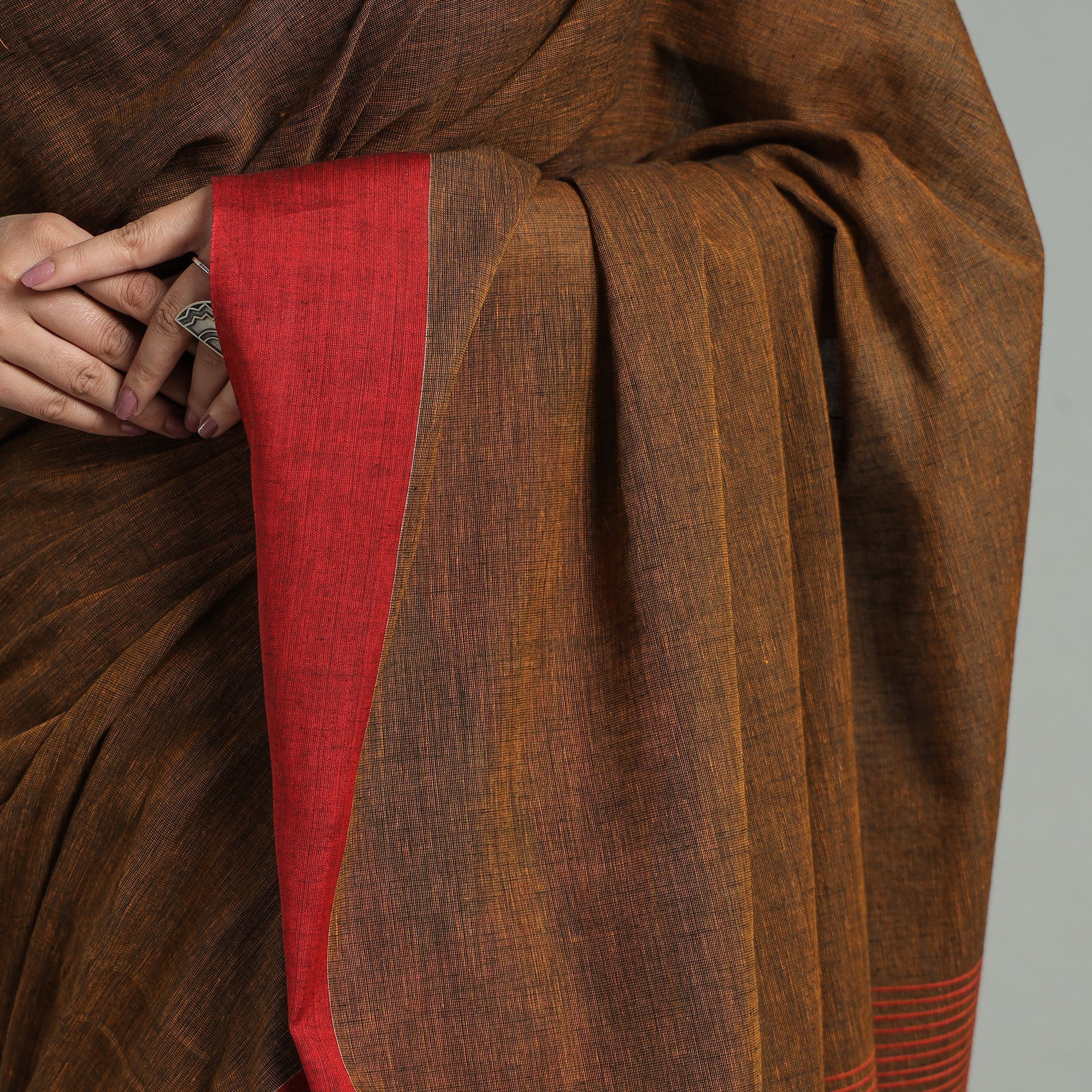 Brown - Bengal Woven Border Handloom Pure Cotton Saree 35