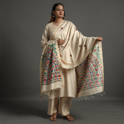 Beige - Madhubani Handpainted Tussar Silk Handloom Dupatta 15