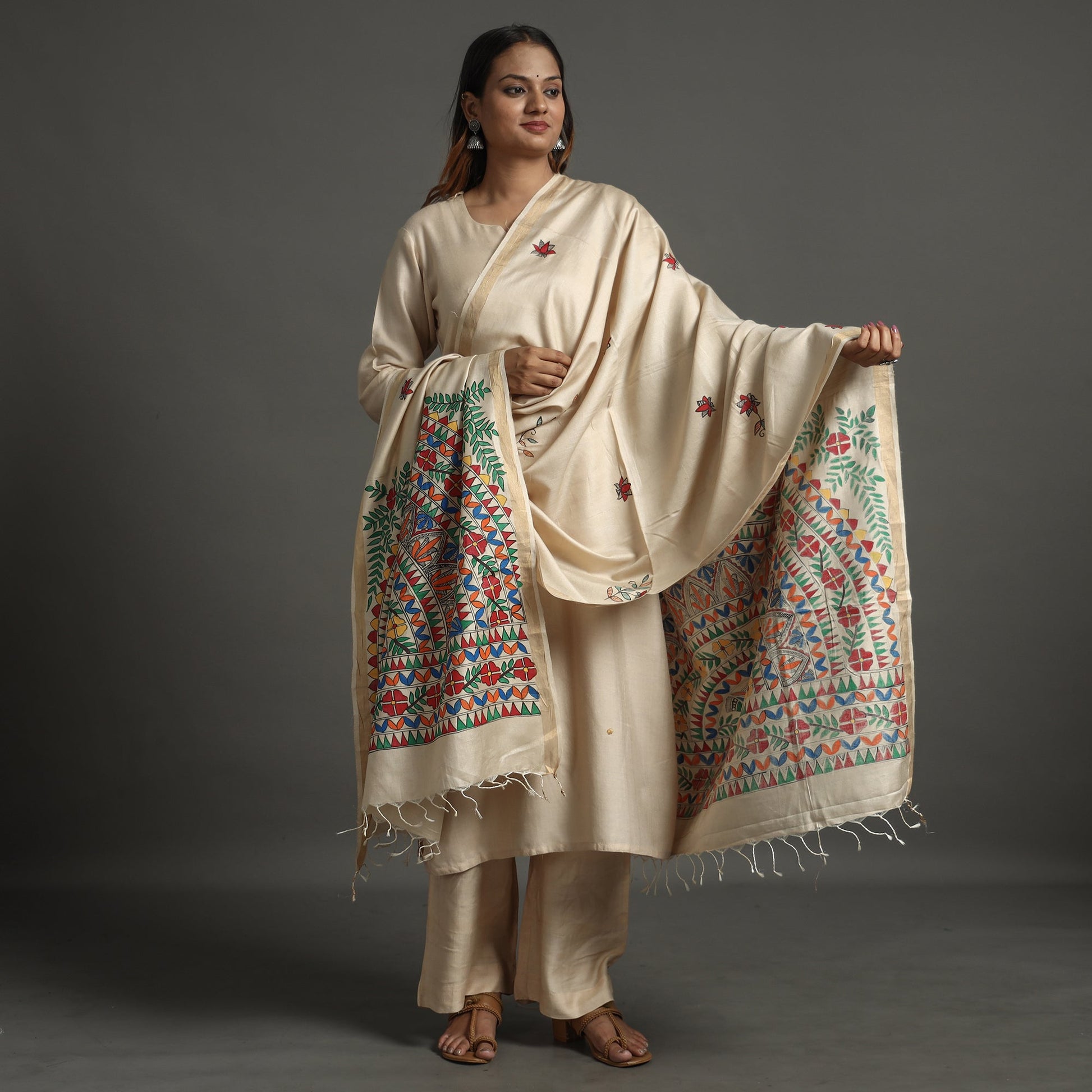 Beige - Madhubani Handpainted Tussar Silk Handloom Dupatta 15