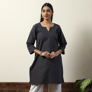 Black - Jhiri Handloom Cotton Straight Short Kurta