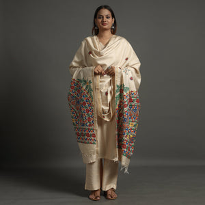 Beige - Madhubani Handpainted Tussar Silk Handloom Dupatta 15