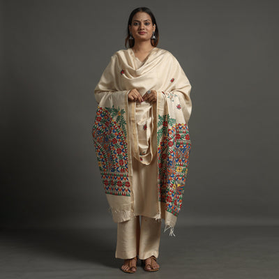 Beige - Madhubani Handpainted Tussar Silk Handloom Dupatta 15