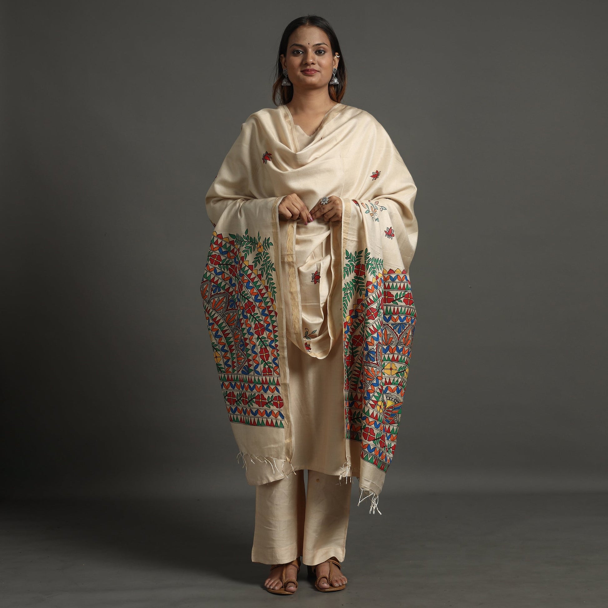 Beige - Madhubani Handpainted Tussar Silk Handloom Dupatta 15