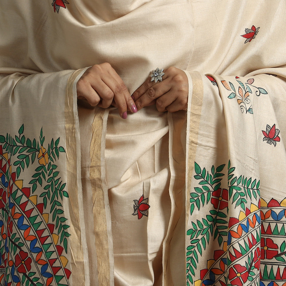 Beige - Madhubani Handpainted Tussar Silk Handloom Dupatta 15