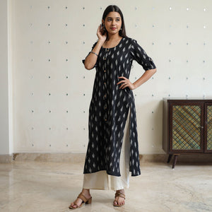 Black - Pochampally Ikat Weave Cotton Long Straight Kurta 37