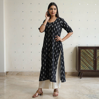 Black - Pochampally Ikat Weave Cotton Long Straight Kurta 37