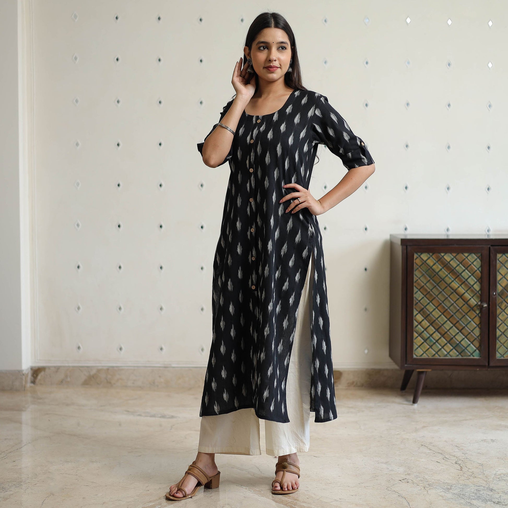 Black - Pochampally Ikat Weave Cotton Long Straight Kurta 37