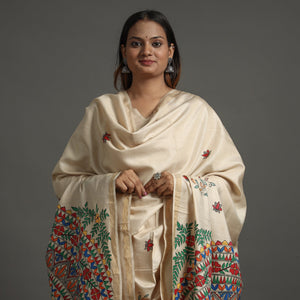 Beige - Madhubani Handpainted Tussar Silk Handloom Dupatta 15