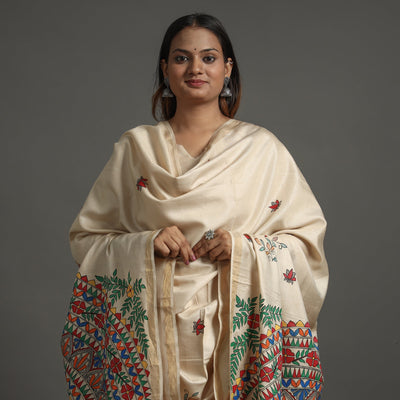 Beige - Madhubani Handpainted Tussar Silk Handloom Dupatta 15