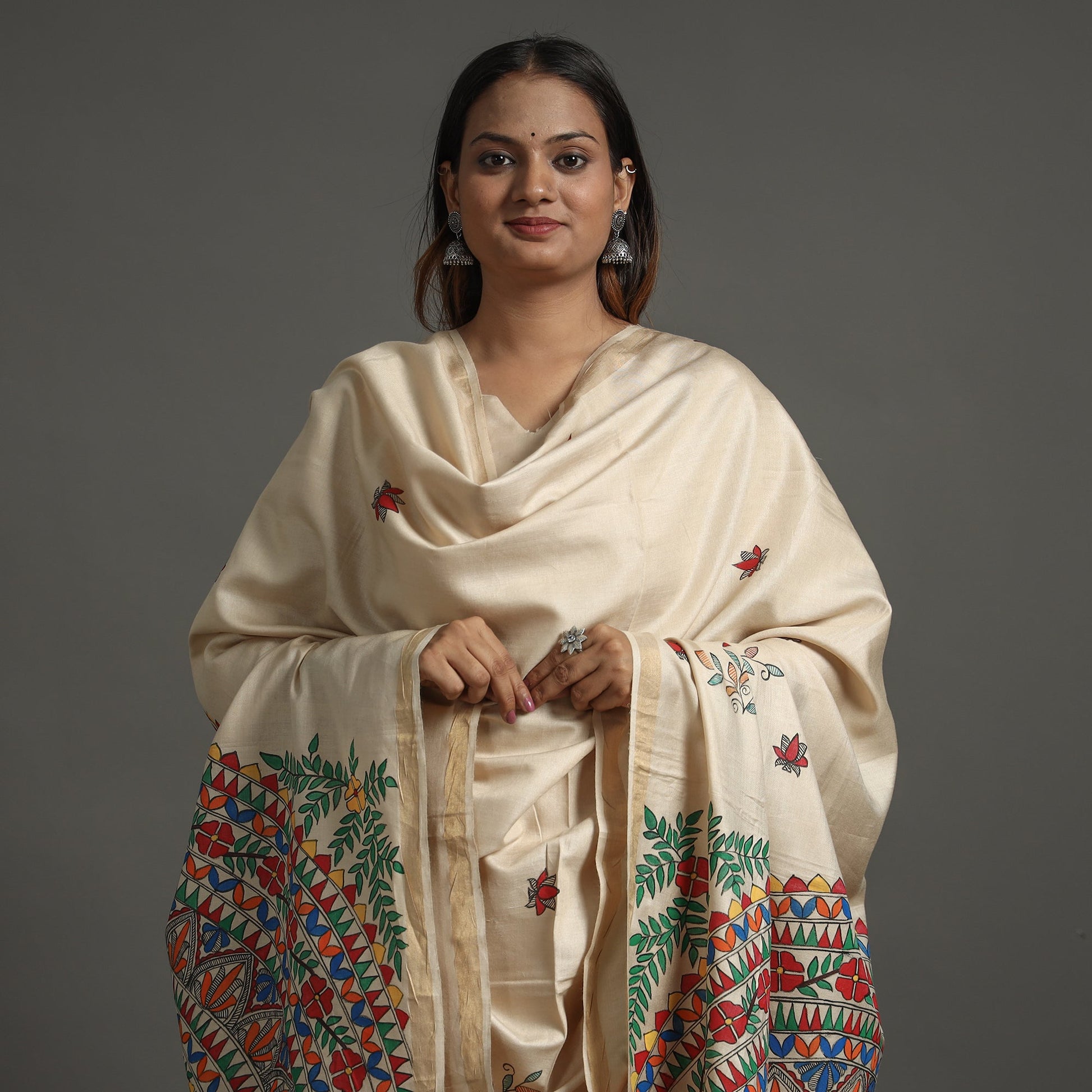 Beige - Madhubani Handpainted Tussar Silk Handloom Dupatta 15
