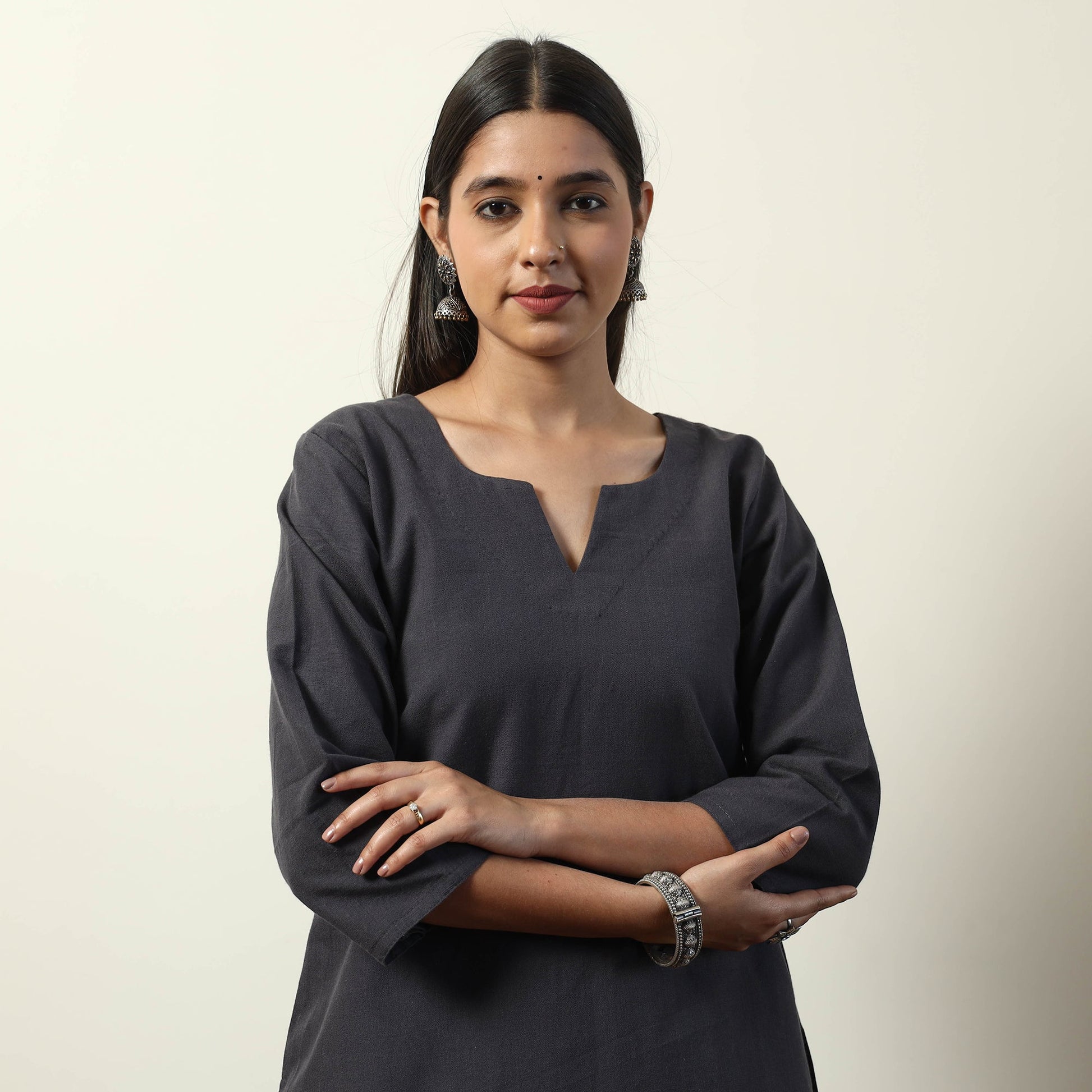 Black - Jhiri Handloom Cotton Straight Short Kurta