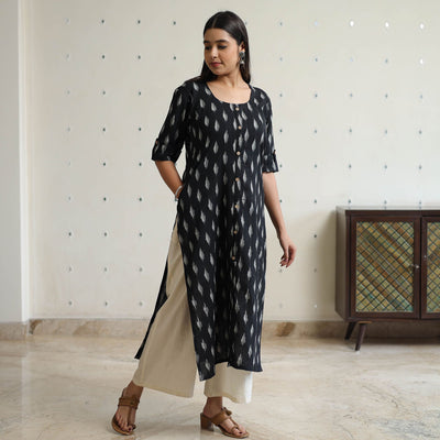 Black - Pochampally Ikat Weave Cotton Long Straight Kurta 37