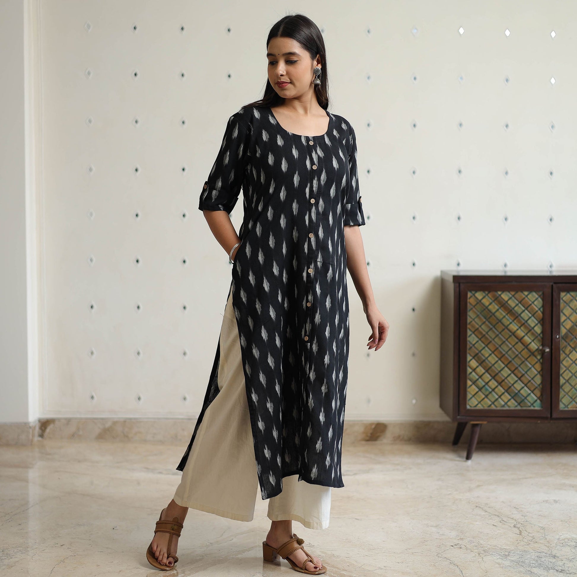 Black - Pochampally Ikat Weave Cotton Long Straight Kurta 37
