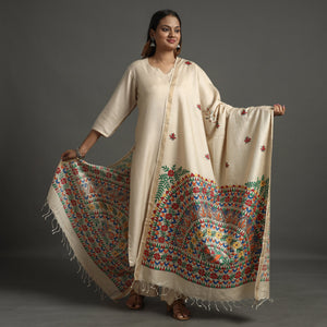 Beige - Madhubani Handpainted Tussar Silk Handloom Dupatta 15