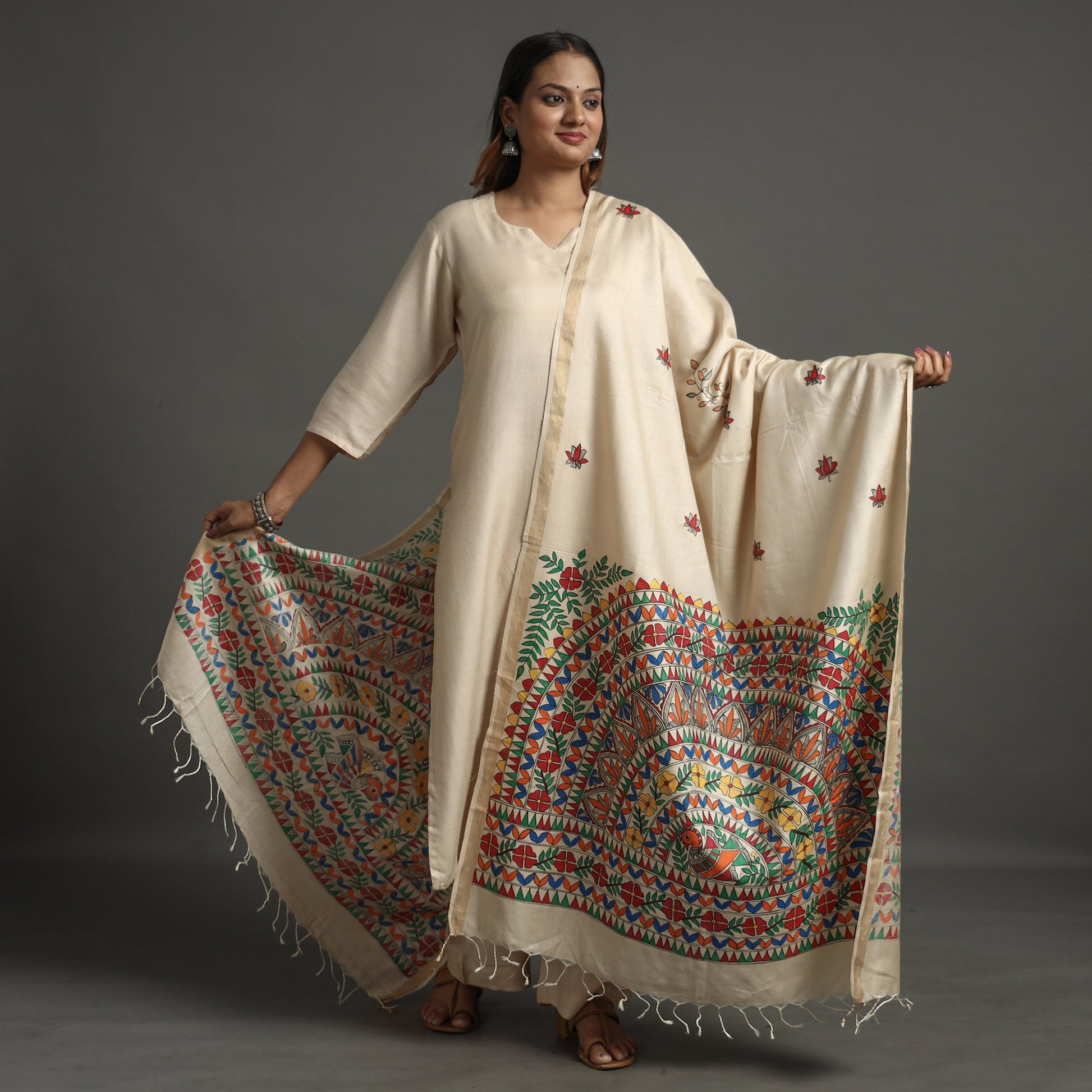 Beige - Madhubani Handpainted Tussar Silk Handloom Dupatta 15