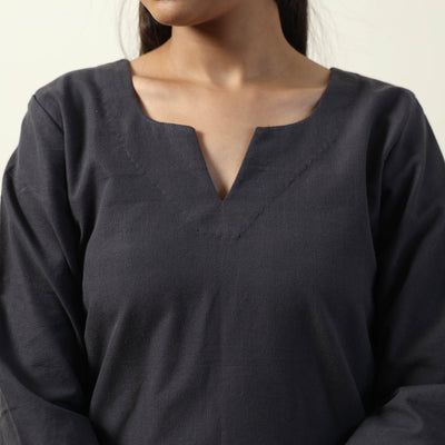 Black - Jhiri Handloom Cotton Straight Short Kurta