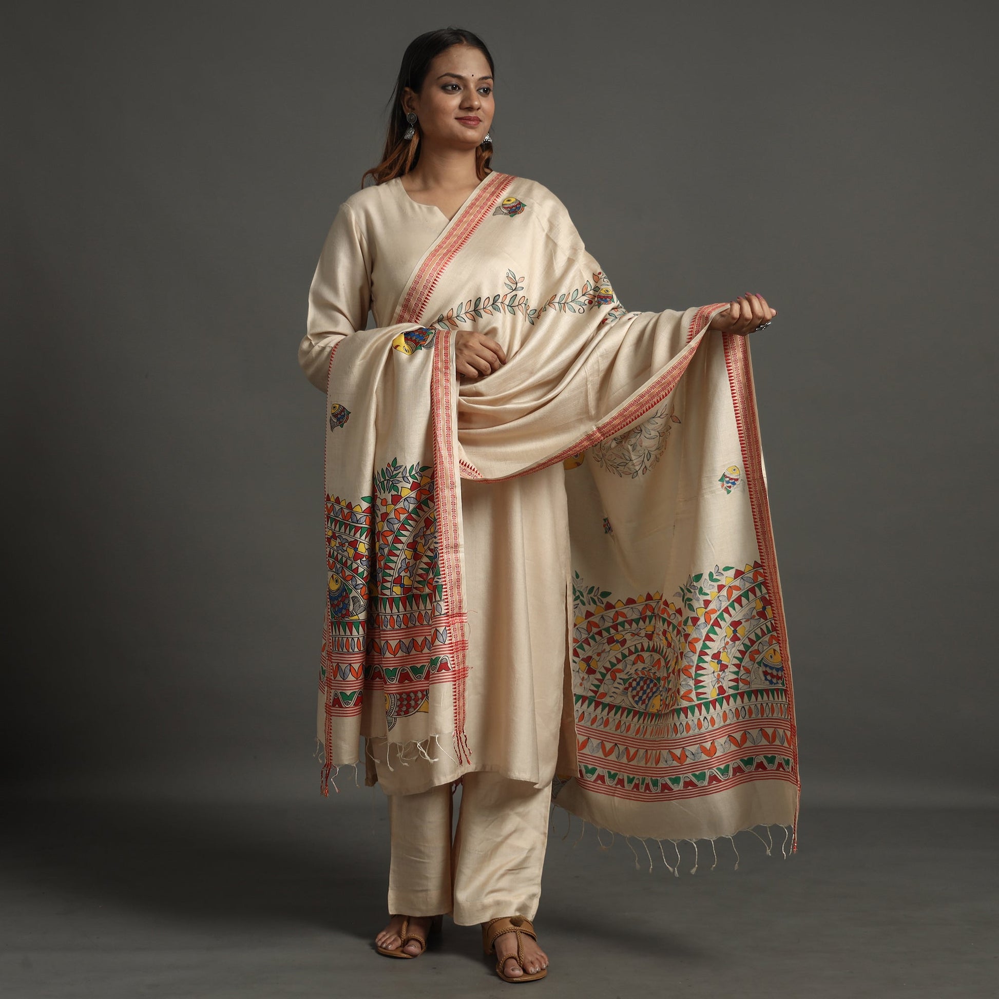 Beige - Madhubani Handpainted Tussar Cotton Handloom Dupatta 16