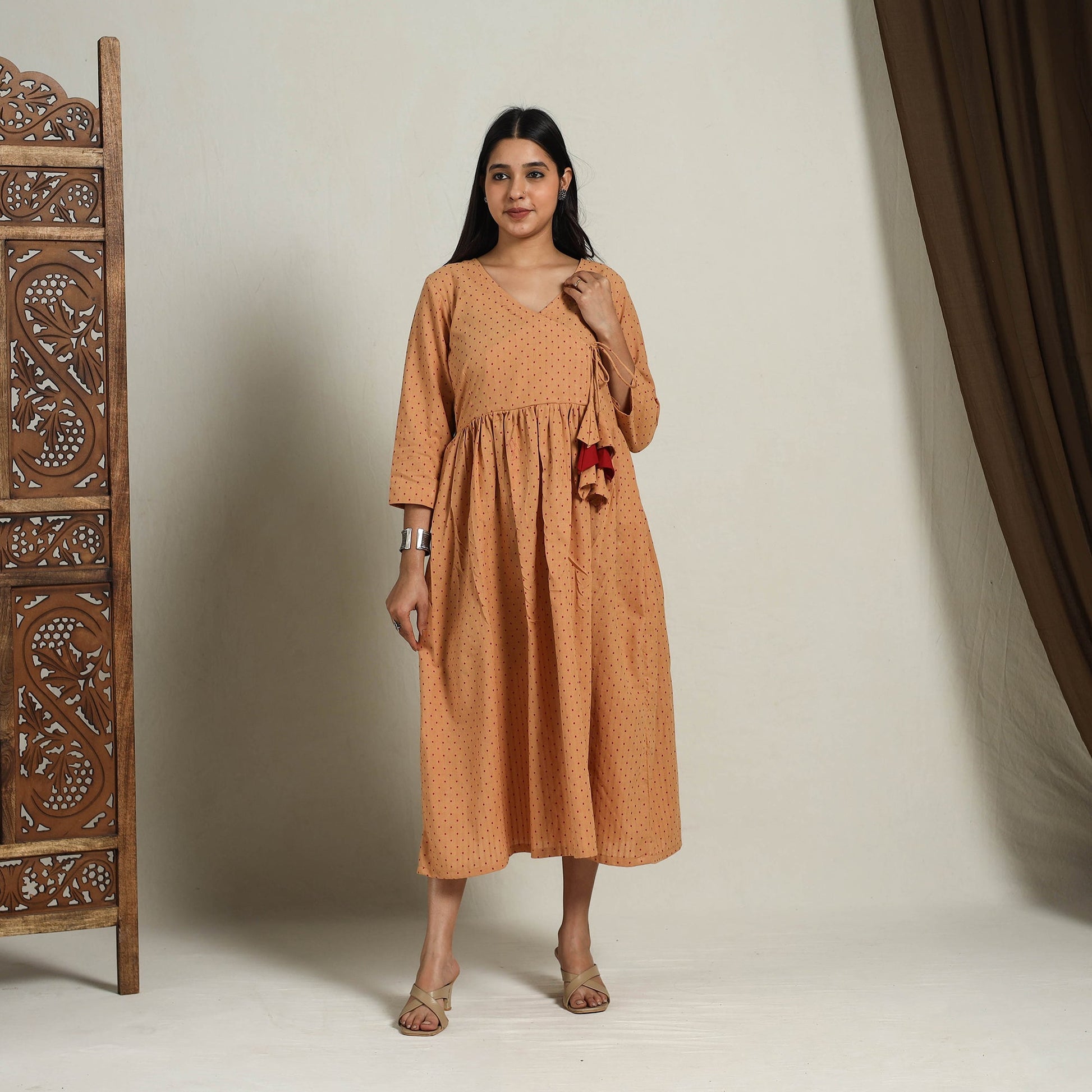 Brown - Flared Cotton Angrakha Jacquard Dress 13