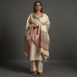 Beige - Madhubani Handpainted Tussar Cotton Handloom Dupatta 16