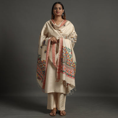 Beige - Madhubani Handpainted Tussar Cotton Handloom Dupatta 16
