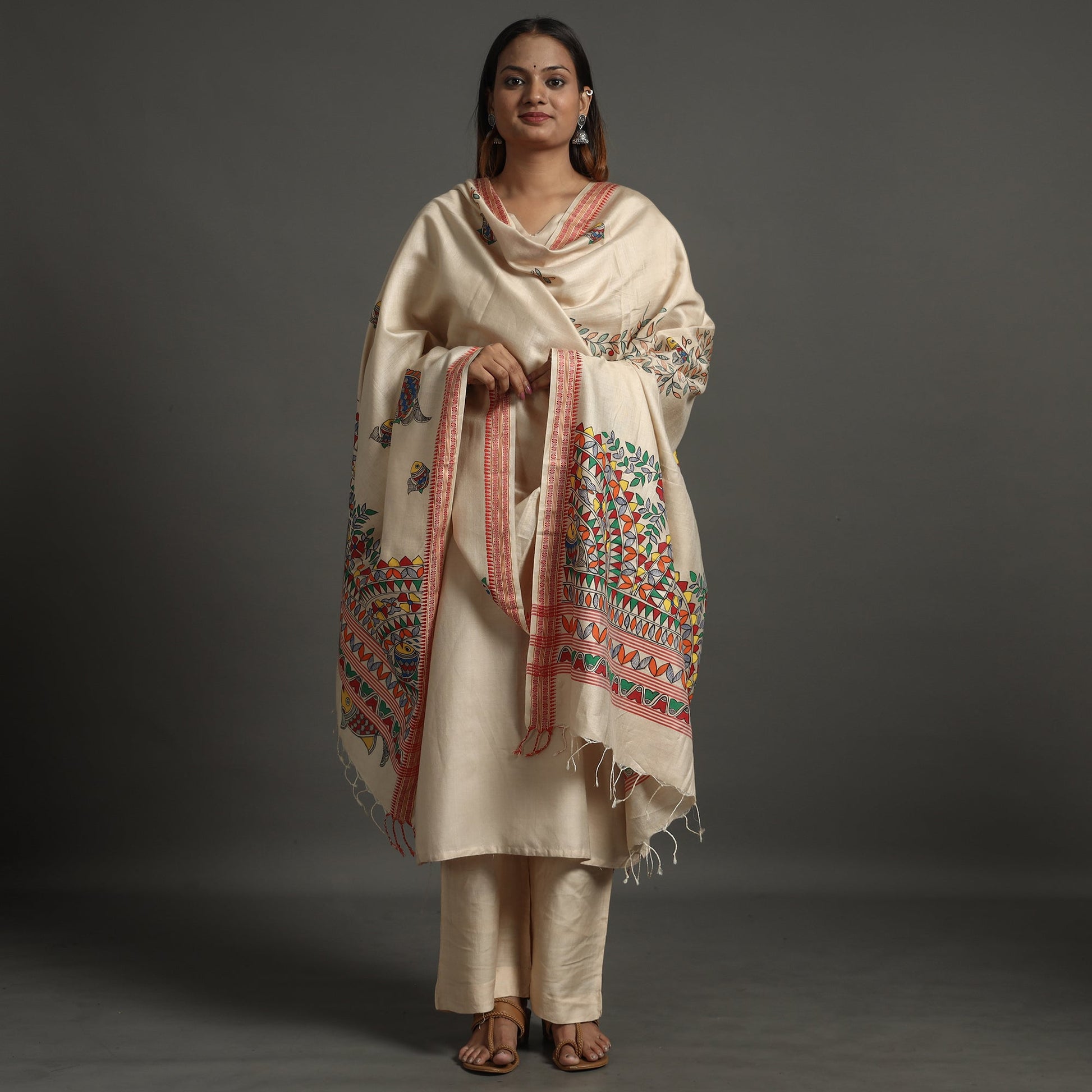 Beige - Madhubani Handpainted Tussar Cotton Handloom Dupatta 16