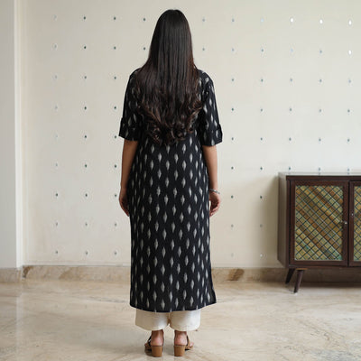 Black - Pochampally Ikat Weave Cotton Long Straight Kurta 37