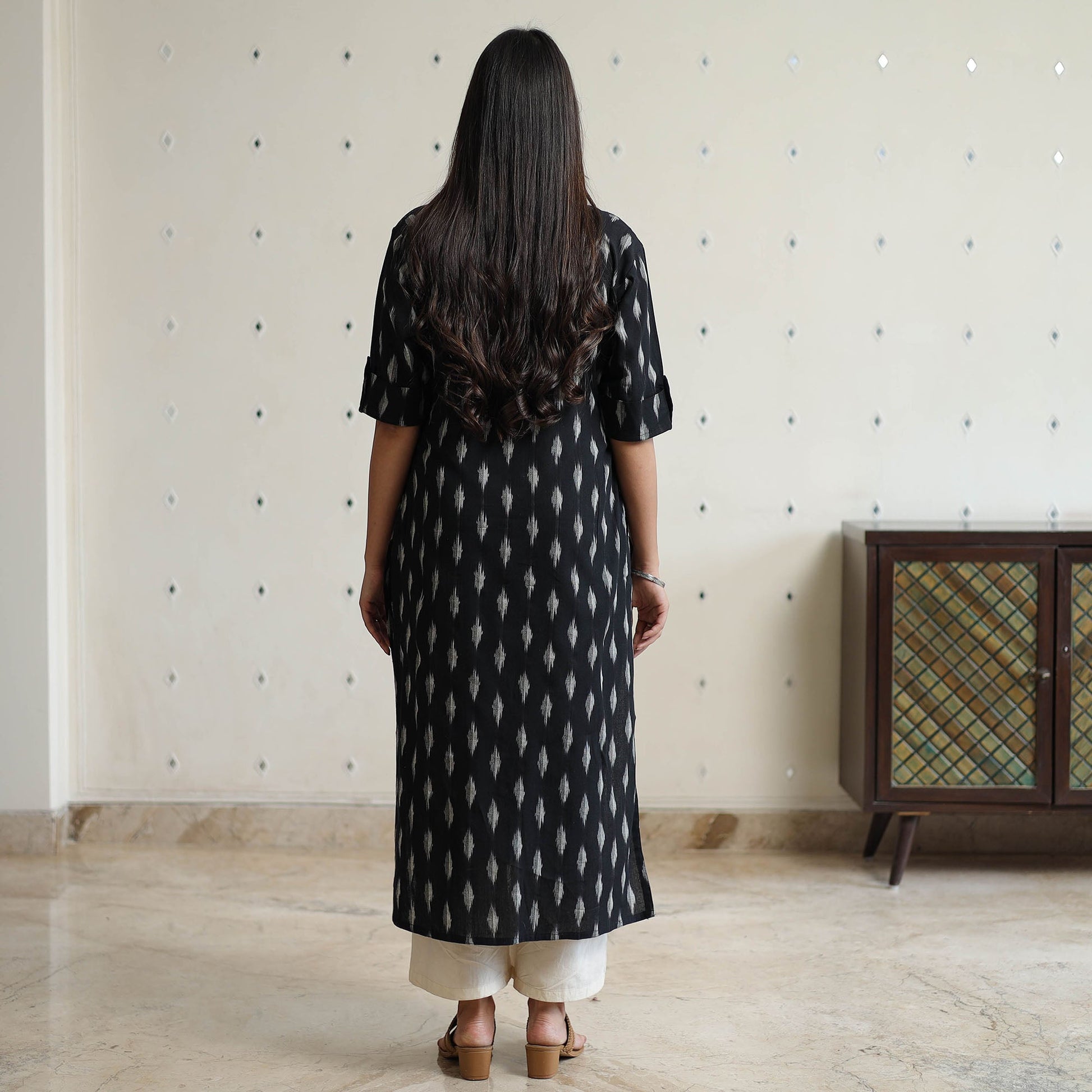 Black - Pochampally Ikat Weave Cotton Long Straight Kurta 37