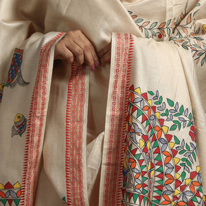 Beige - Madhubani Handpainted Tussar Cotton Handloom Dupatta 16