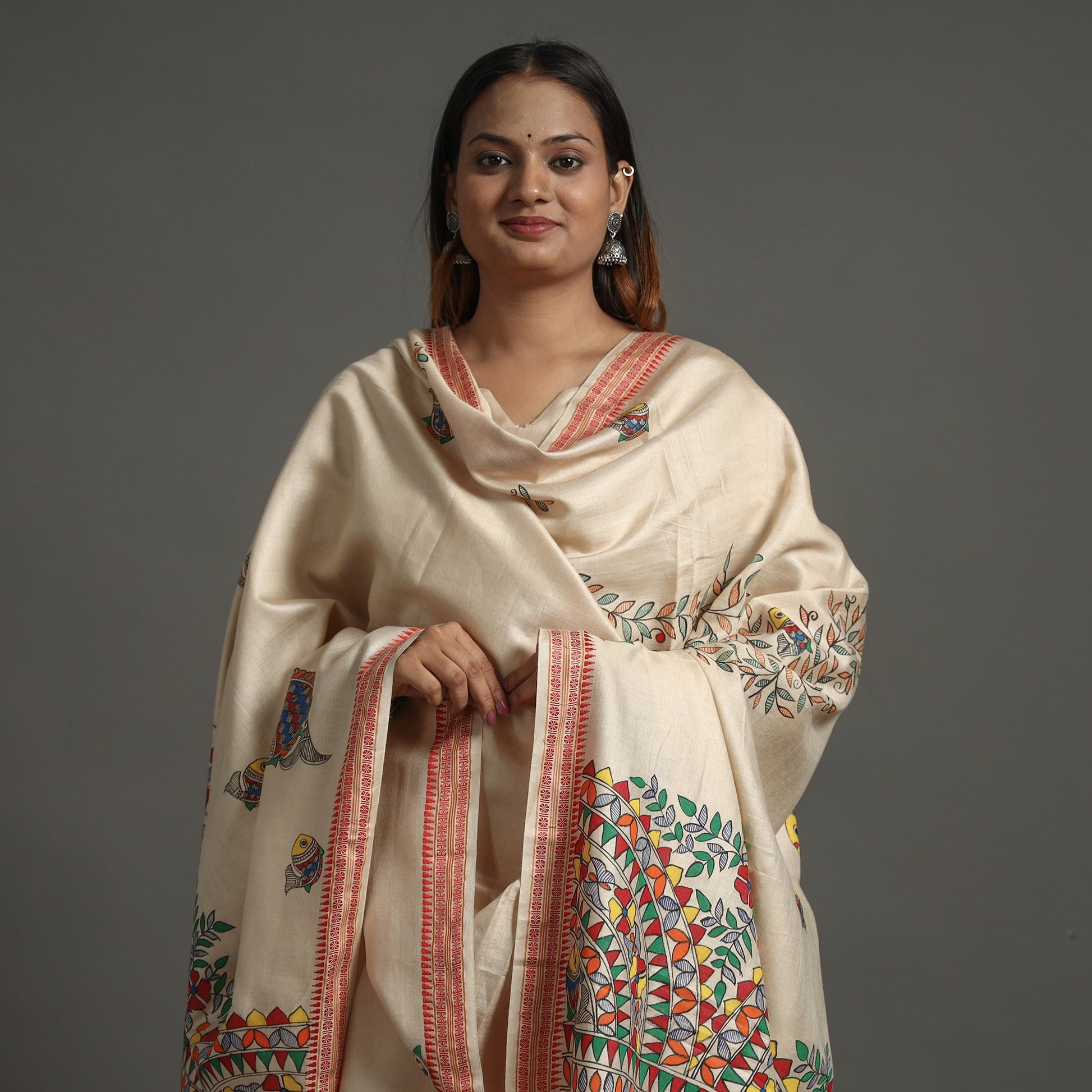 Beige - Madhubani Handpainted Tussar Cotton Handloom Dupatta 16