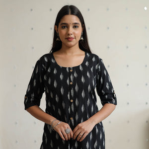 Black - Pochampally Ikat Weave Cotton Long Straight Kurta 37