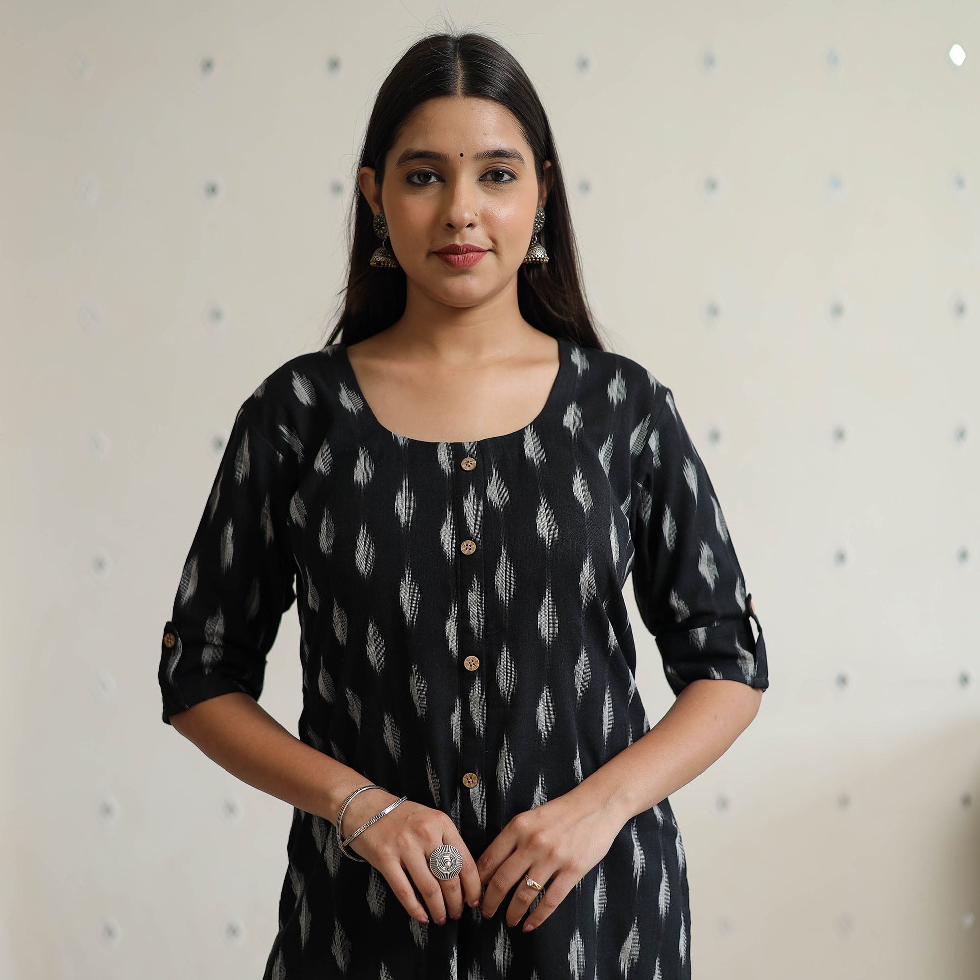 Black - Pochampally Ikat Weave Cotton Long Straight Kurta 37