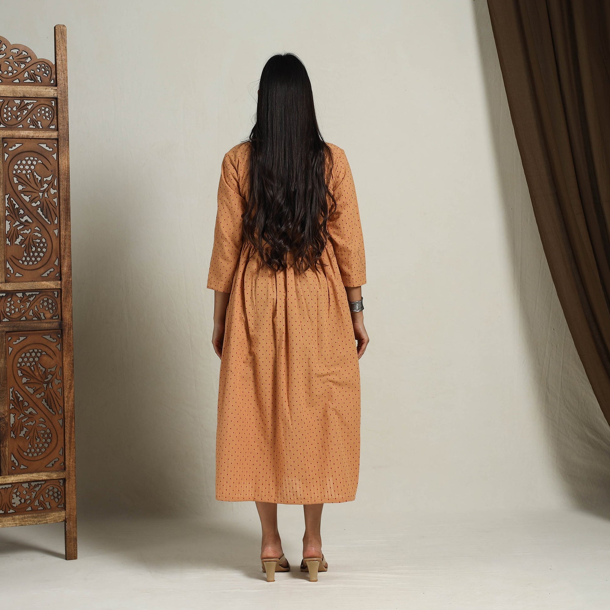 Brown - Flared Cotton Angrakha Jacquard Dress 13