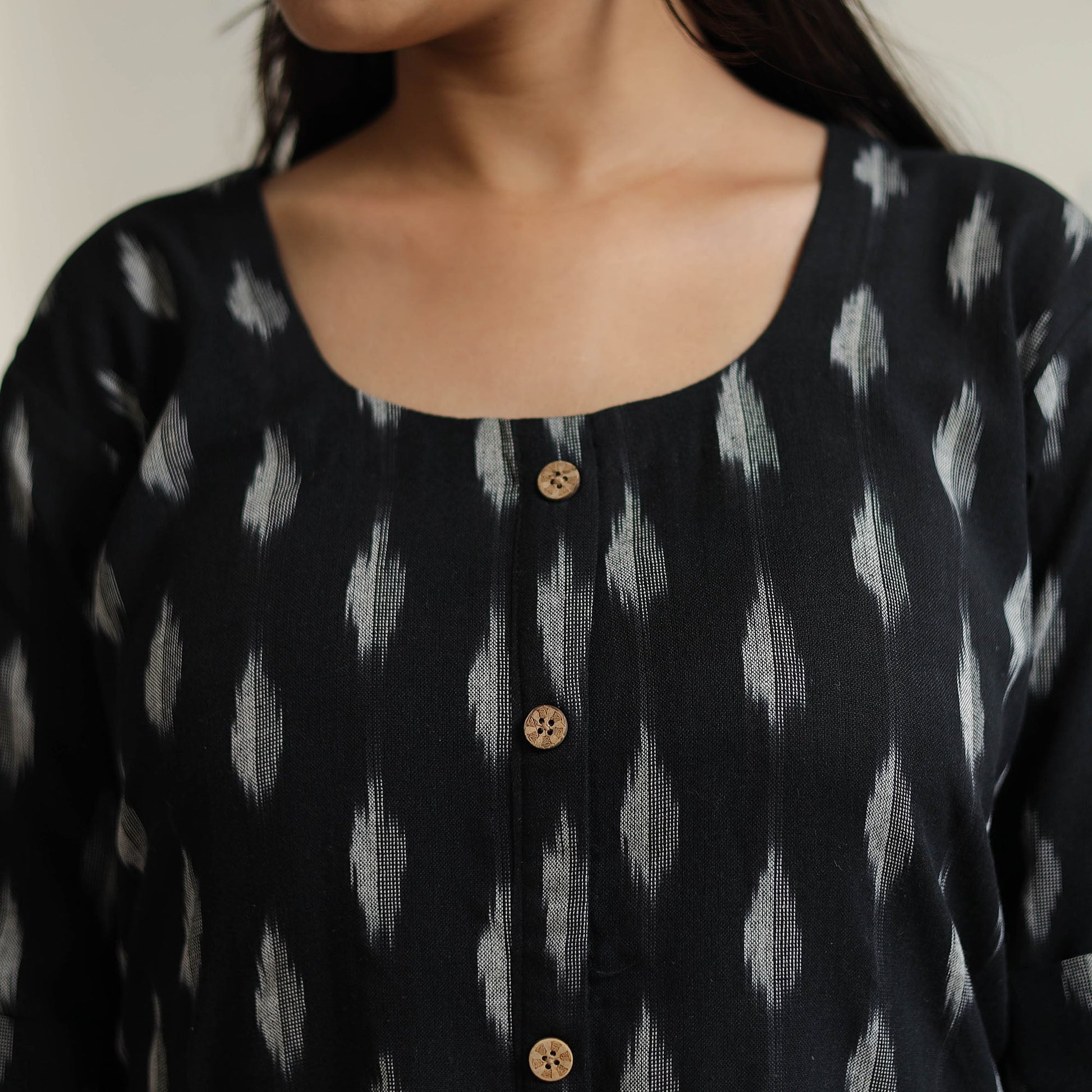 Black - Pochampally Ikat Weave Cotton Long Straight Kurta 37