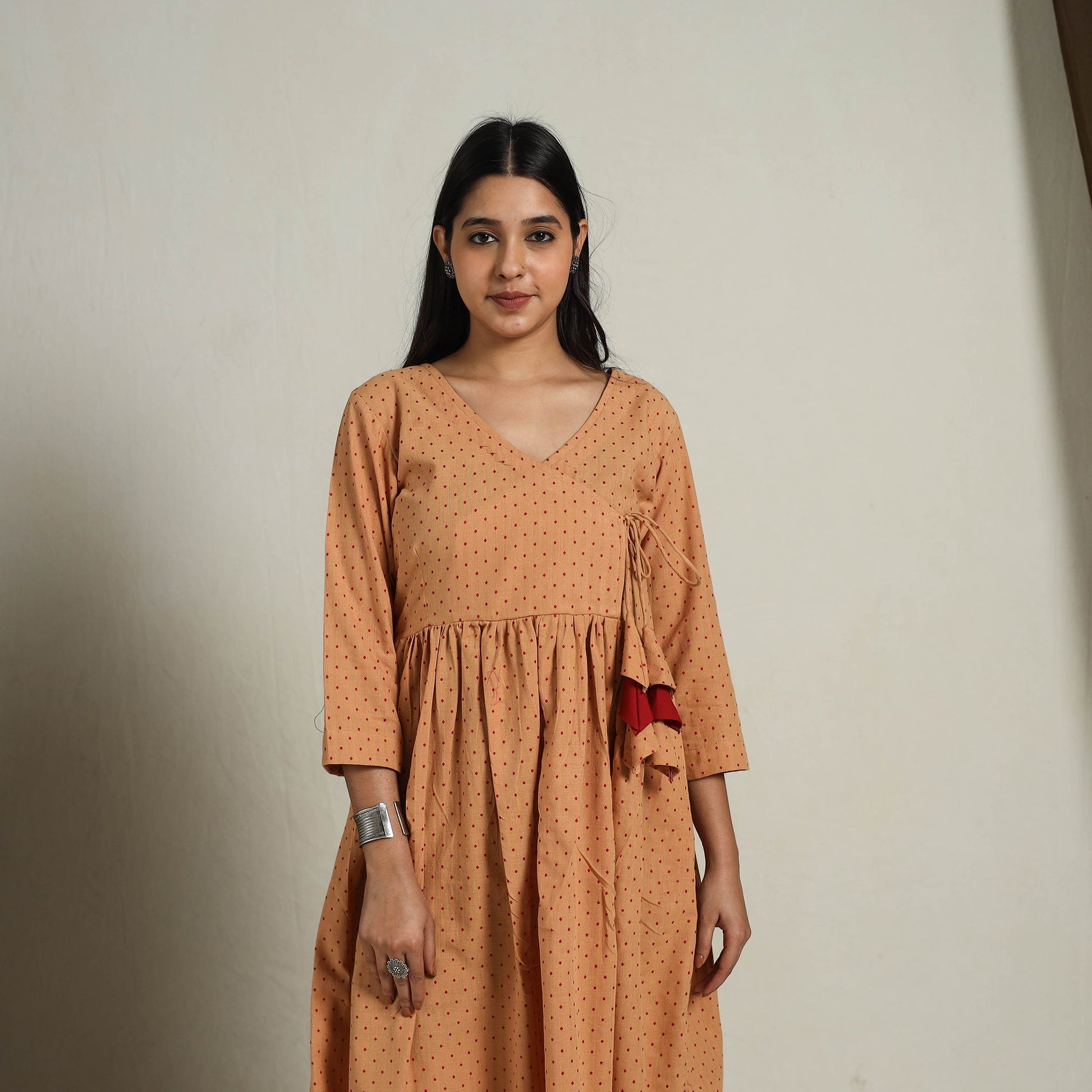 Brown - Flared Cotton Angrakha Jacquard Dress 13