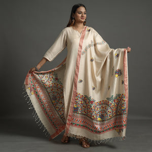 Beige - Madhubani Handpainted Tussar Cotton Handloom Dupatta 16