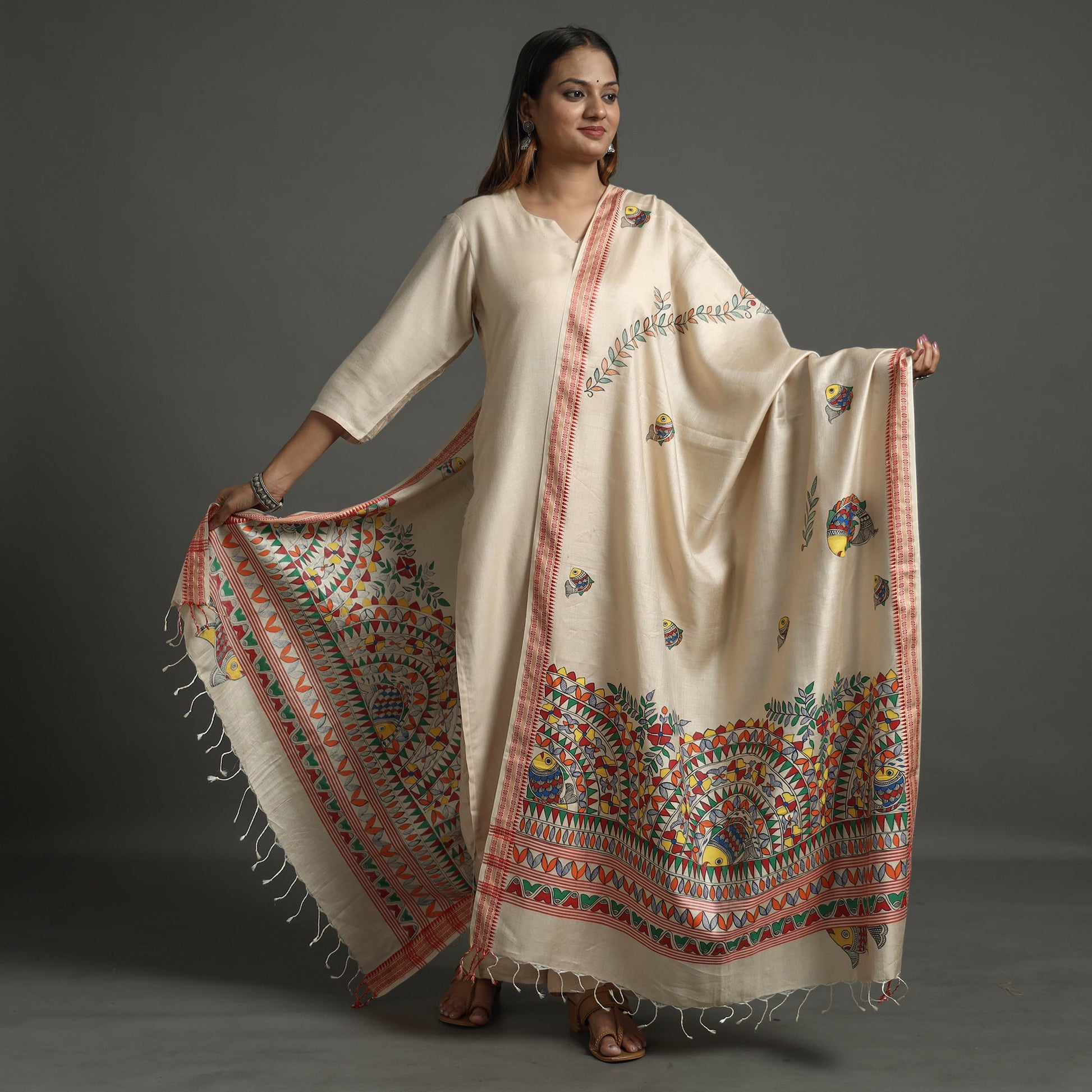 Beige - Madhubani Handpainted Tussar Cotton Handloom Dupatta 16