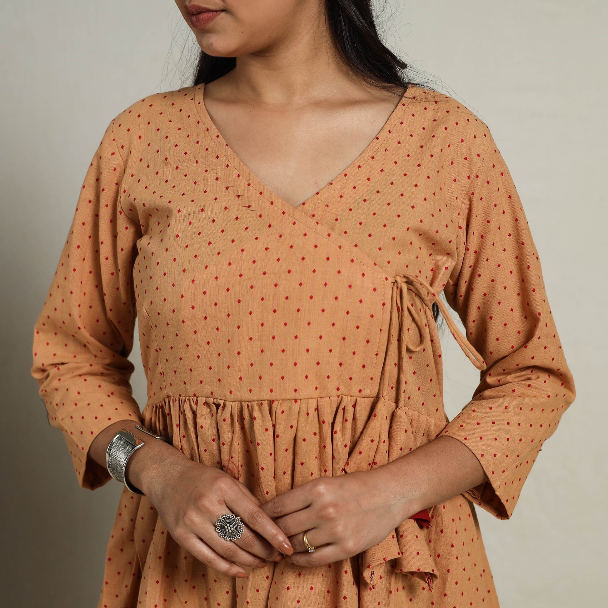 Brown - Flared Cotton Angrakha Jacquard Dress 13