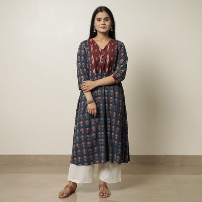 Blue - Akola Hand Block Printed Cotton A-Line Kurta 14